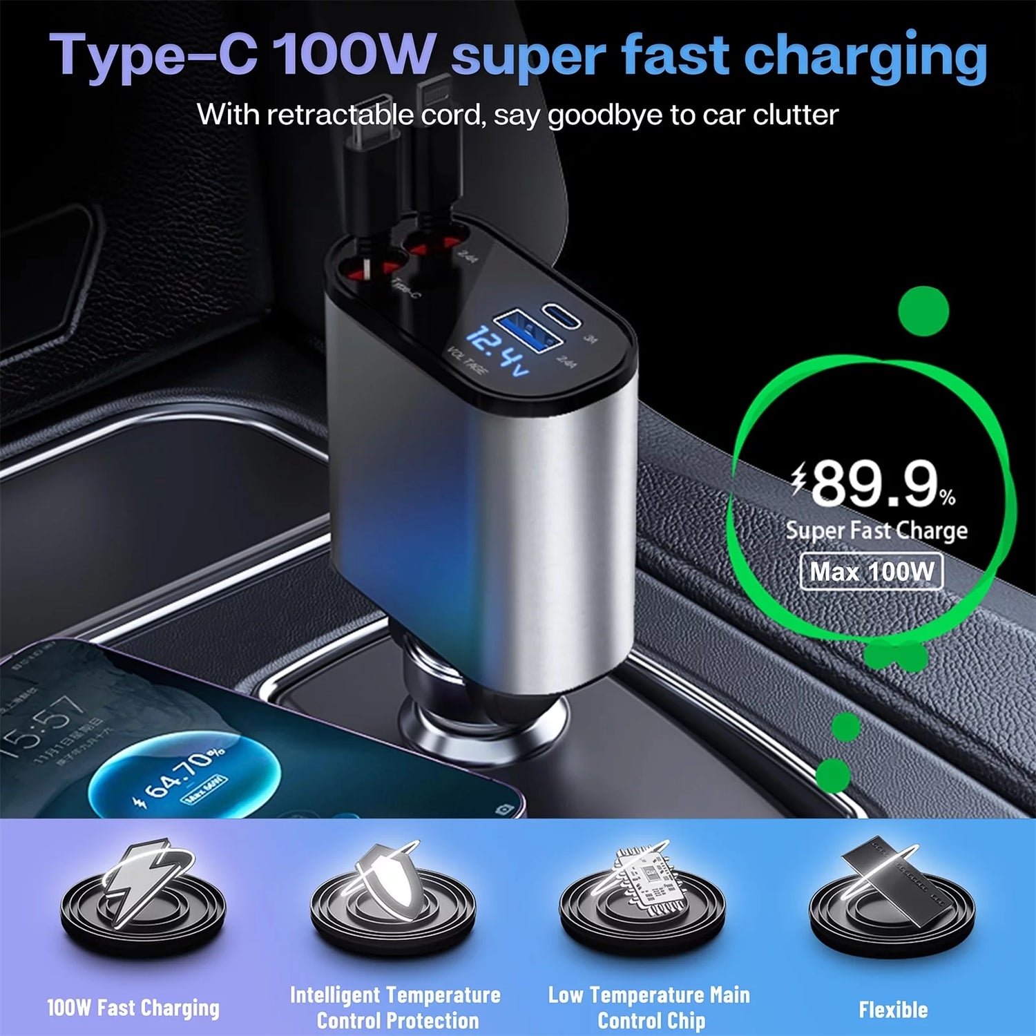 Niixo 4 in 1 Retractable Car Charger, 100W Fast Car Phone Charger 